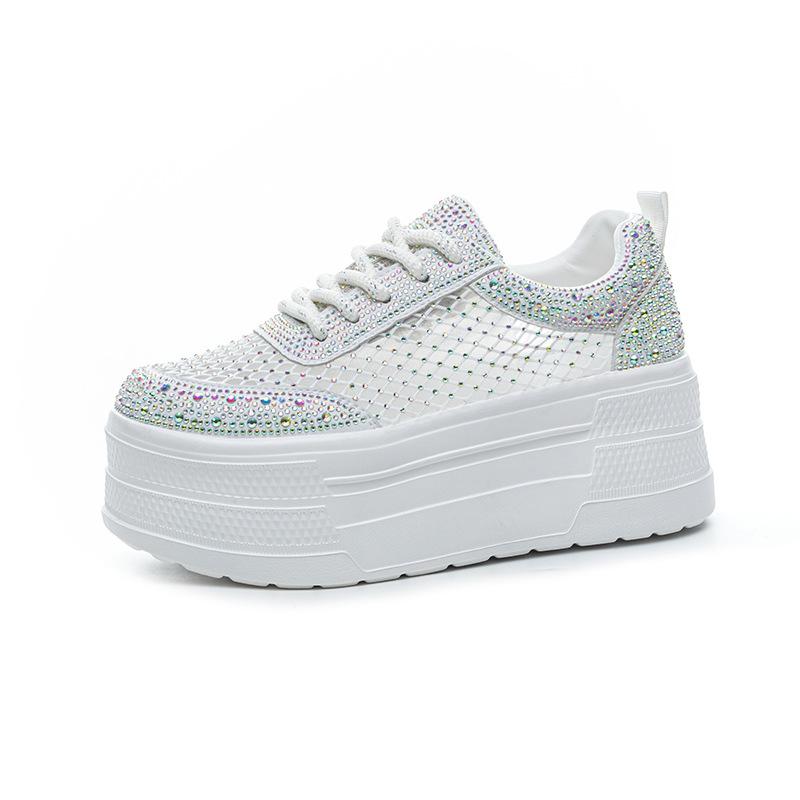 7 Thick-soled Muffin Women's Summer New Breathable Rhinestone Mesh Yarn Heightening, Lightweight and Versatile Casual Net Shoes