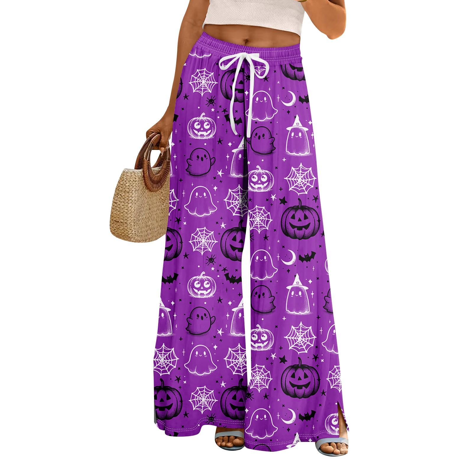 

Women Summer Boho Palazzo Pants High Waist Wide Leg Halloween Printing Casual Trousers With Pockets M фіолетовий