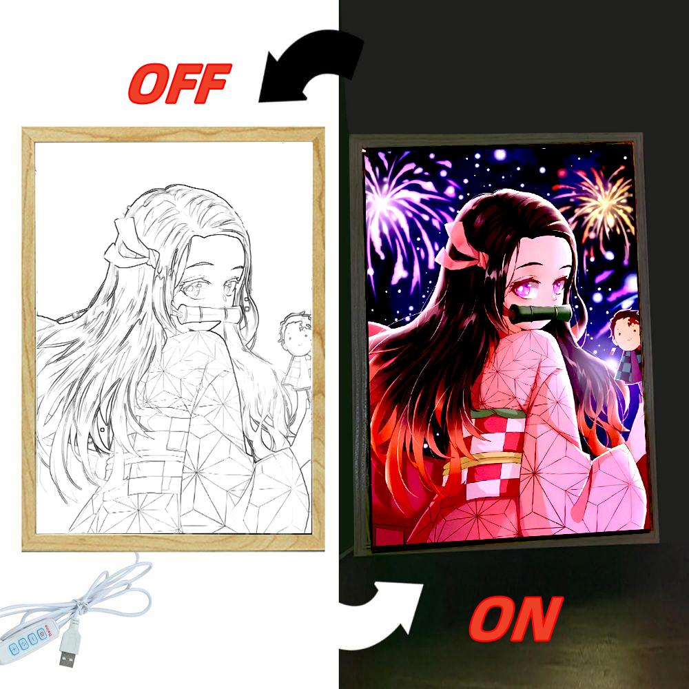Anime Demon Slayer Action Figures Light Painting Photo Frame Tanjirou Nezuko Led Night Figurine Kimetsu No Yaiba Gifts Poseable Articulated Scale