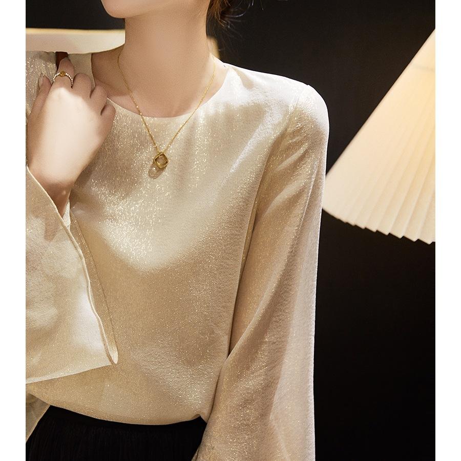 Dámský top s mikro-rozšířenými rukávy, těžký, dámský temperament, kulatý výstřih, košile ze zlatého hedvábí, volná košile