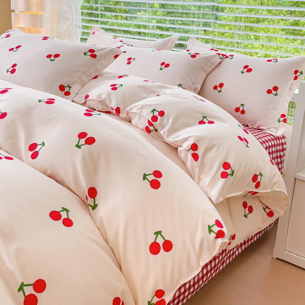 4pcs Cartoon Love Duvet Cover Set Simple Blue Plaid Bed Sheet Adults Kids Teenagers Bedding Comforter Cover with 2 Pillowcases