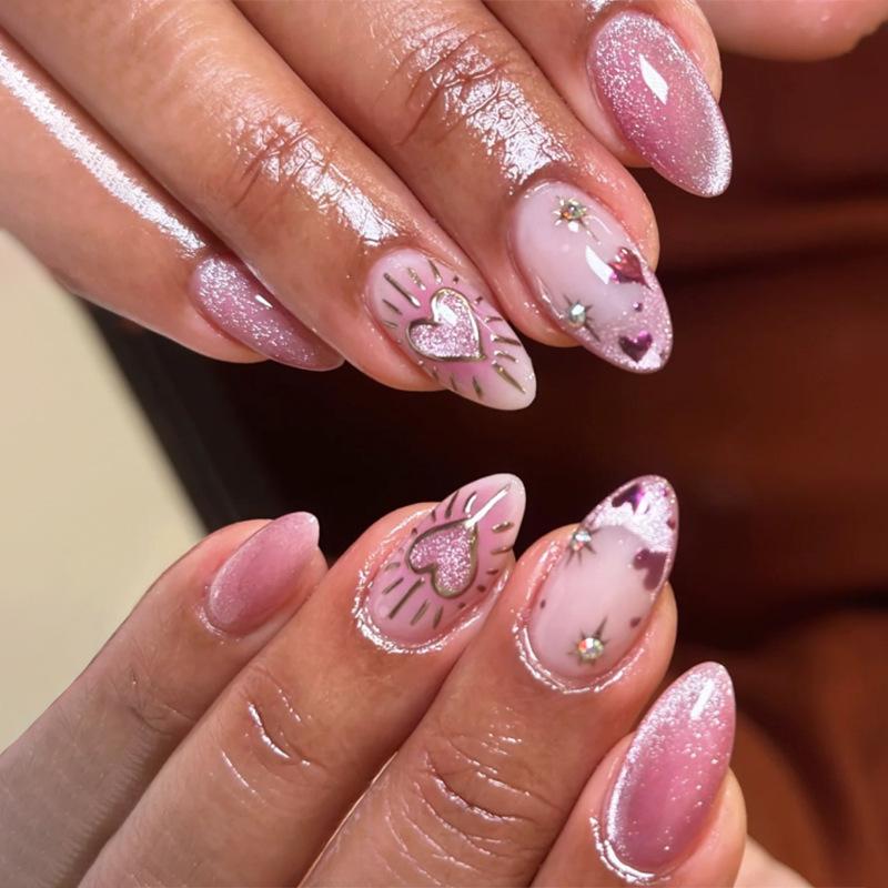 French pink cat eye flash wearing nail almond nail fake nail love nail art wearing nail piece