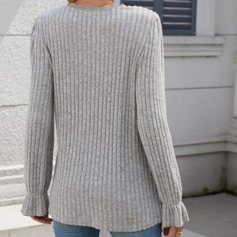 Herbst Einfarbig Rippstrick Gebürstet Lässig V-Ausschnitt Spitze Langarm Basic Shirt Tops