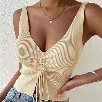 Kadın Yaz Kolsuz V Yaka Seksi İpli Bandaj Çıplak Midriff Yelek Kırpma Üst
