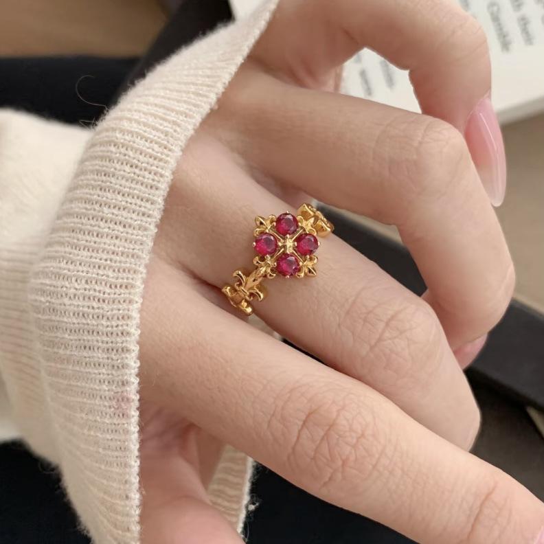 Ruby Red Four-Leaf Clover Necklace & Ring Set for Women