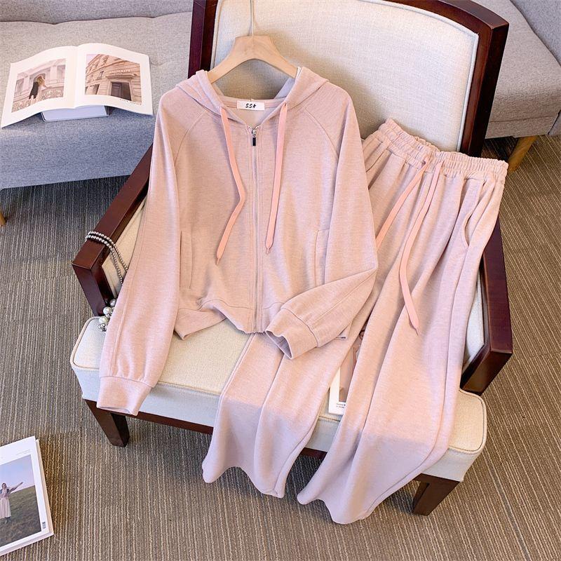 Women's Fall Sports Set: Casual Hooded Sweatshirt Jacket + Slimming Pants Solid-Color Two-Piece Set