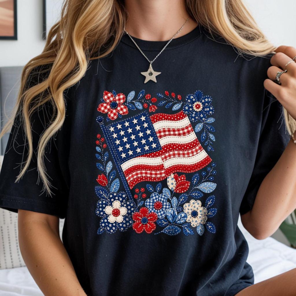 American Flag Faux Floral Tee, 4th of July Patriotic Shirt, Summer Freedom Top, Retro 4th of July Celebration Tee