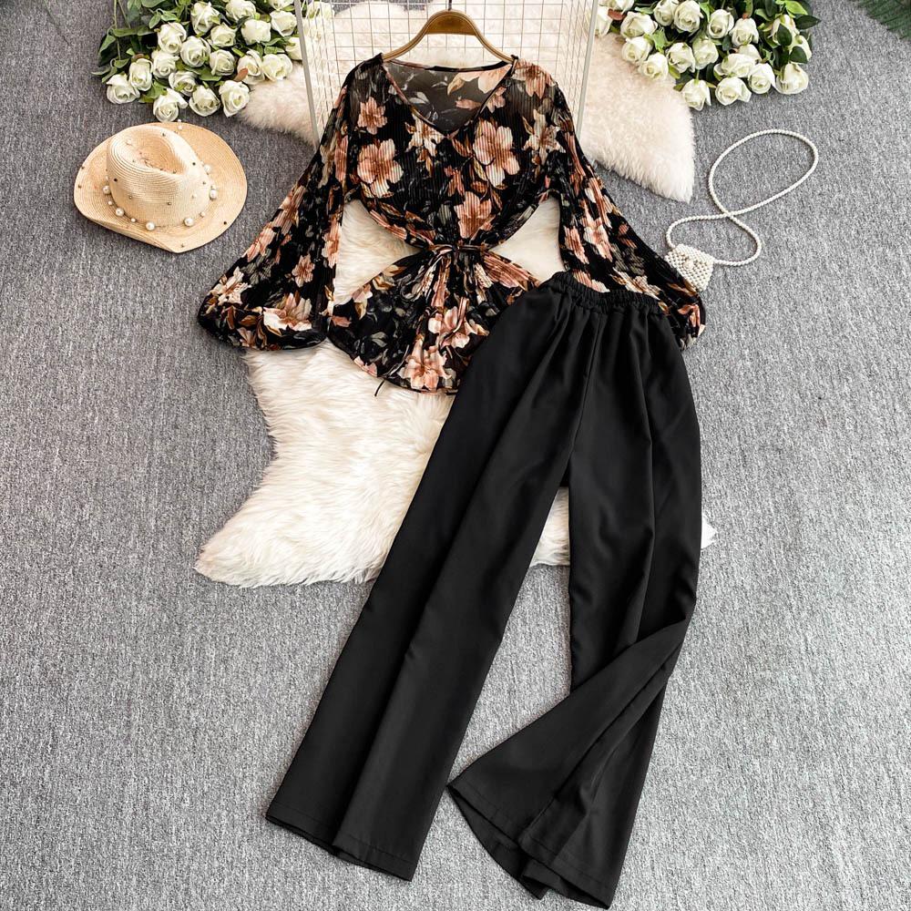 Mature Style Two-Piece Women's Suit: Loose Floral Pleated Shirt & High Waist Wide Leg Trousers