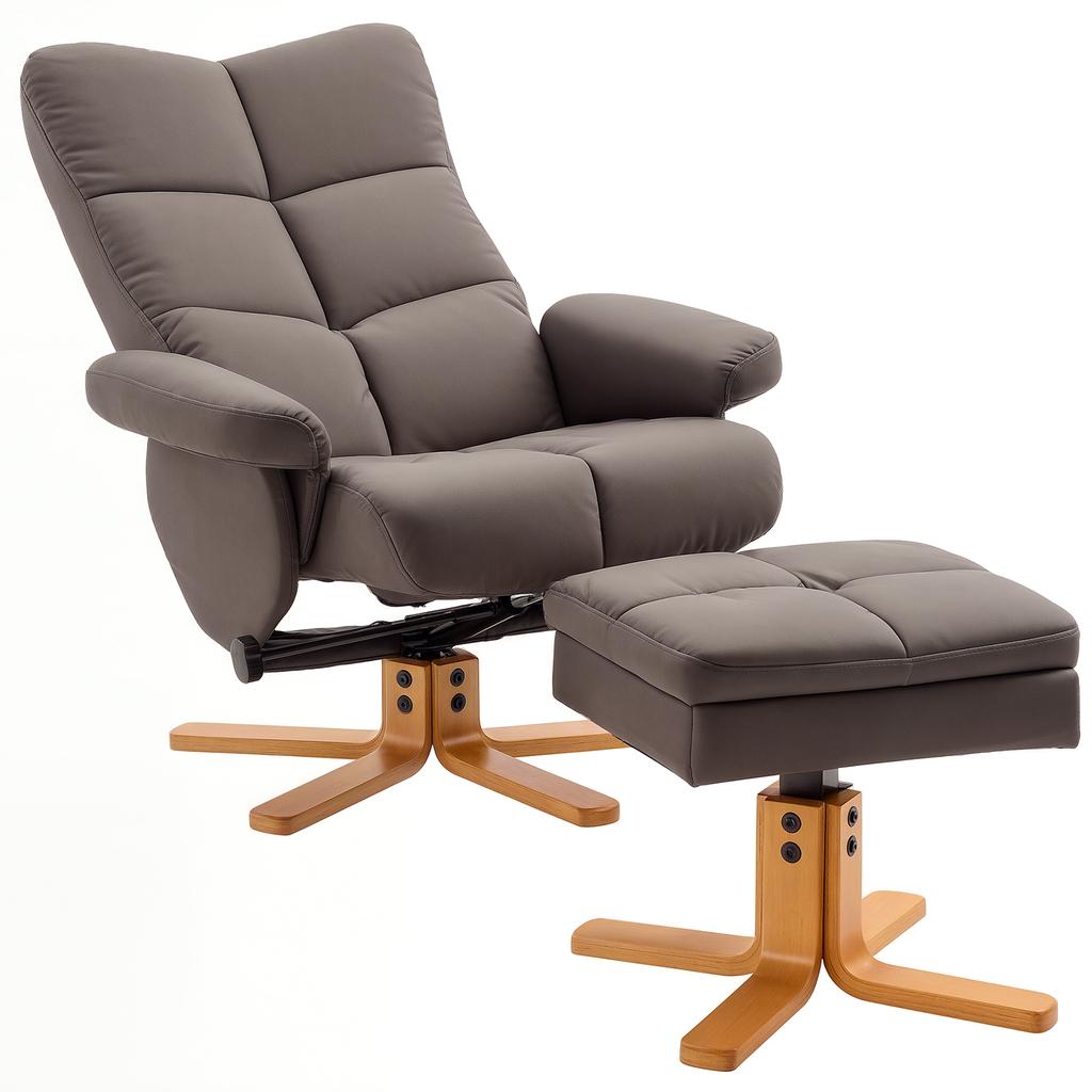 PU Leather Swivel Recliner Chair with Footstool, Wooden Base and Storage for Living Room, Brown