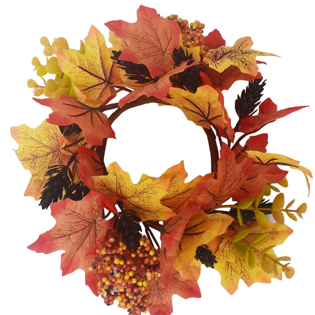 Artificial Maple Leaves Wreath With Berries Sunflowers Candle Rings For Farmhouse Fall Thanksgiving Wedding Centerpiece Table Door Decor