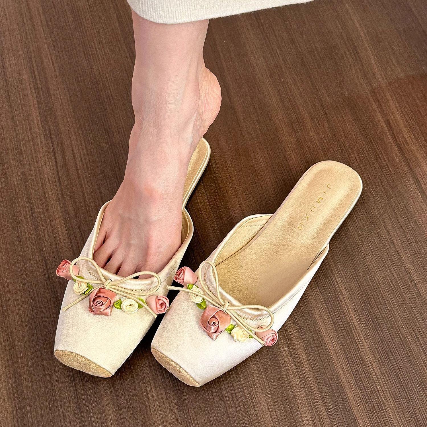 

Fashion Shoes for Women Flat Sandals Square Head Woman Mules Slippers Flowers Summer Sale Footwear Chic and Elegant Korea Style Slides 35
