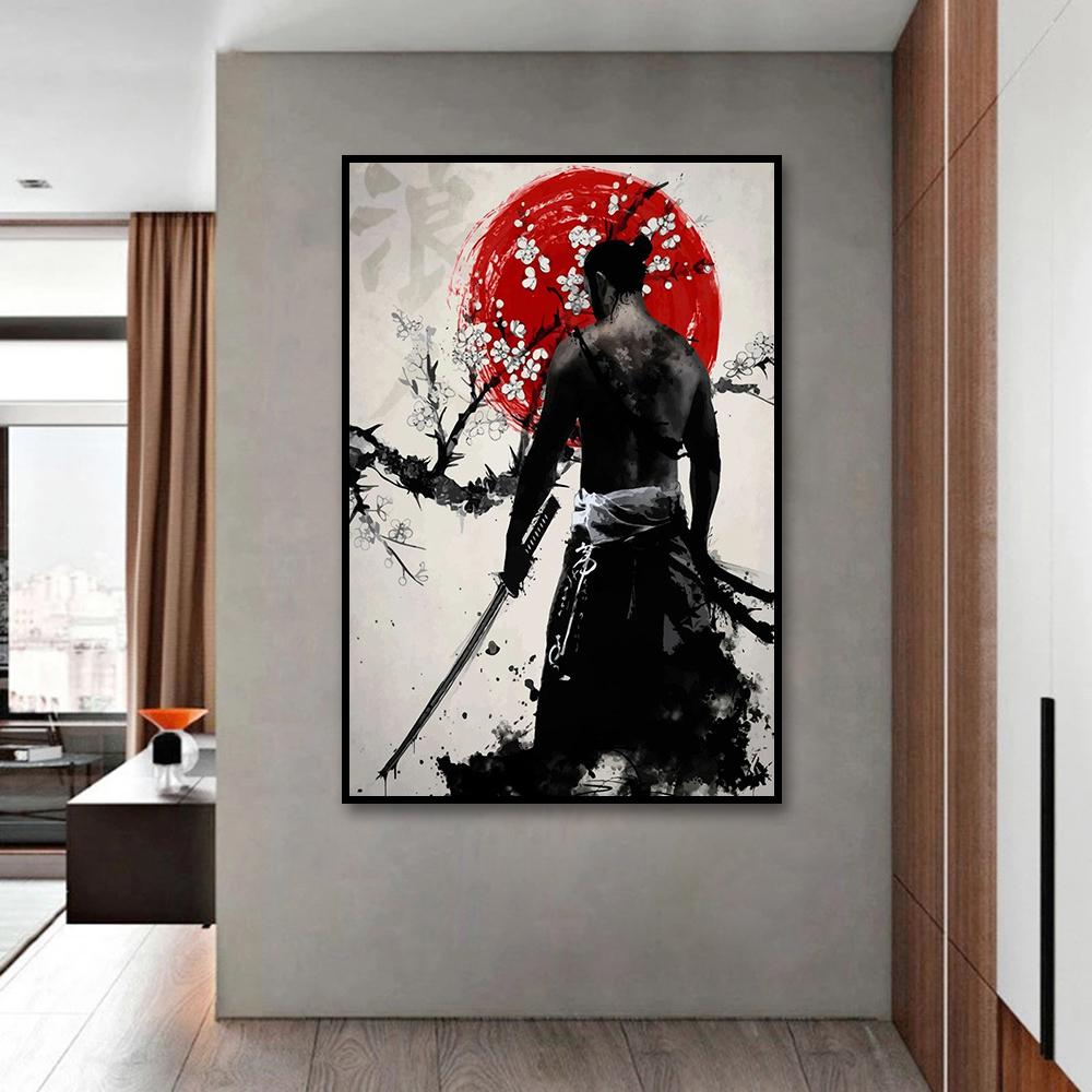 Black and White Japanese Black Samurai Man with Crow Posters and Print Wall Art Canvas Painting for Living Room Cuadros Decor 60 X 40 Cm