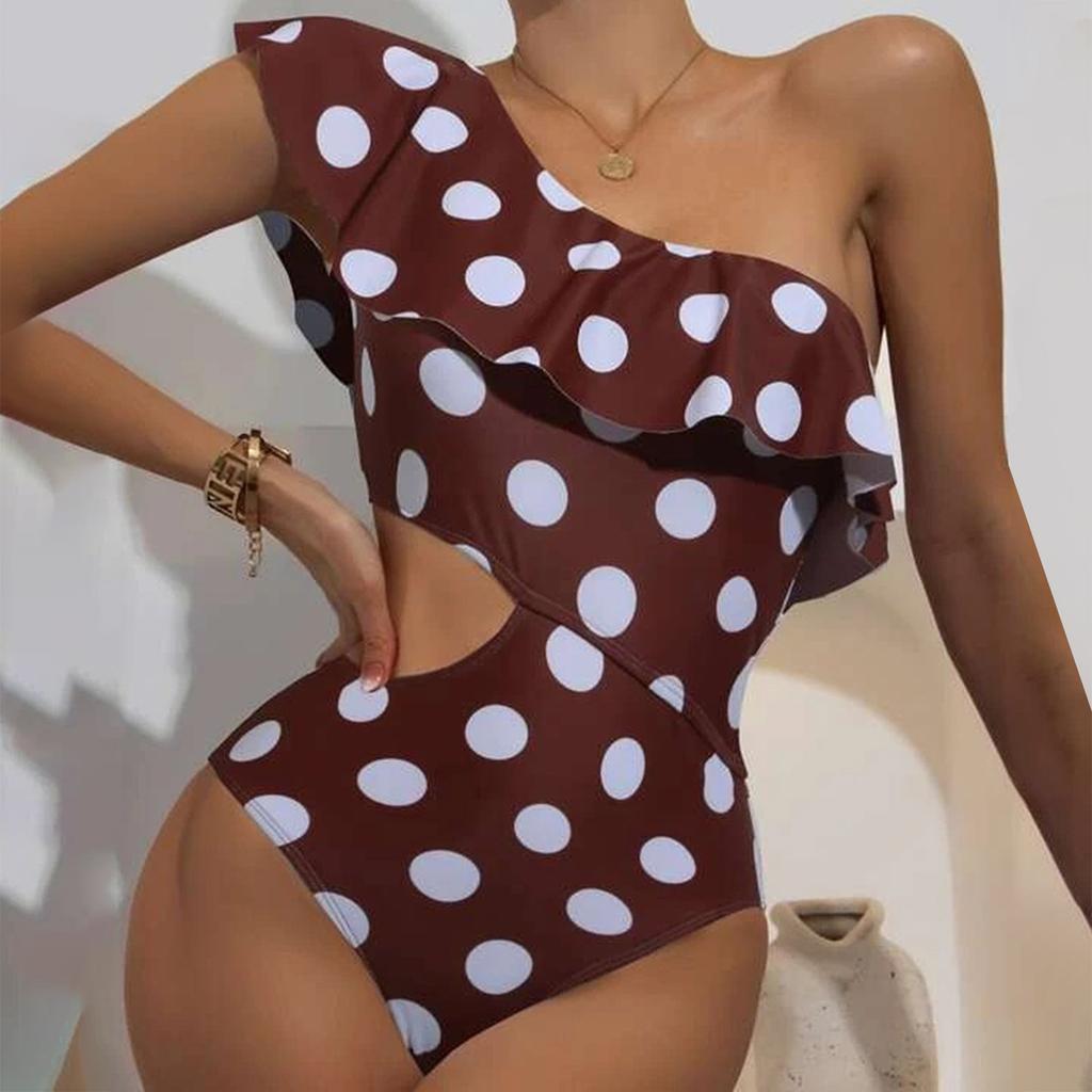 Women Polka Dot One Shoulder Swimsuit Sexy Ruffled Bikini Casual One-Piece Swimsuit