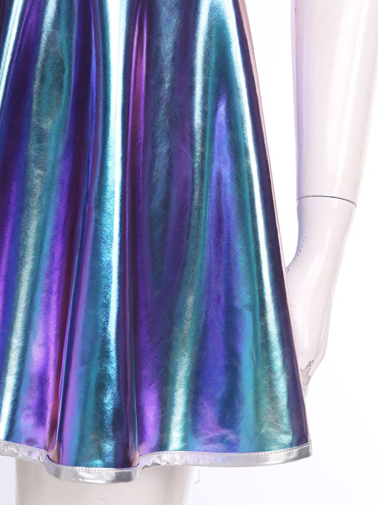 Complete Women‘s Alien Astronaut Halloween Costume S-3XL: Gradient Sequin Mini Dress with Metallic Patchwork & Fly Sleeves