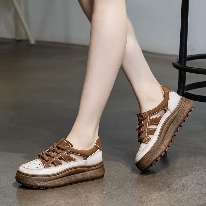 Summer Women Shoes 2025 Mixed Colors Genuine Leather Breathable Hollow Out Chunky Platform Lace-Up Women Casual Sneakers