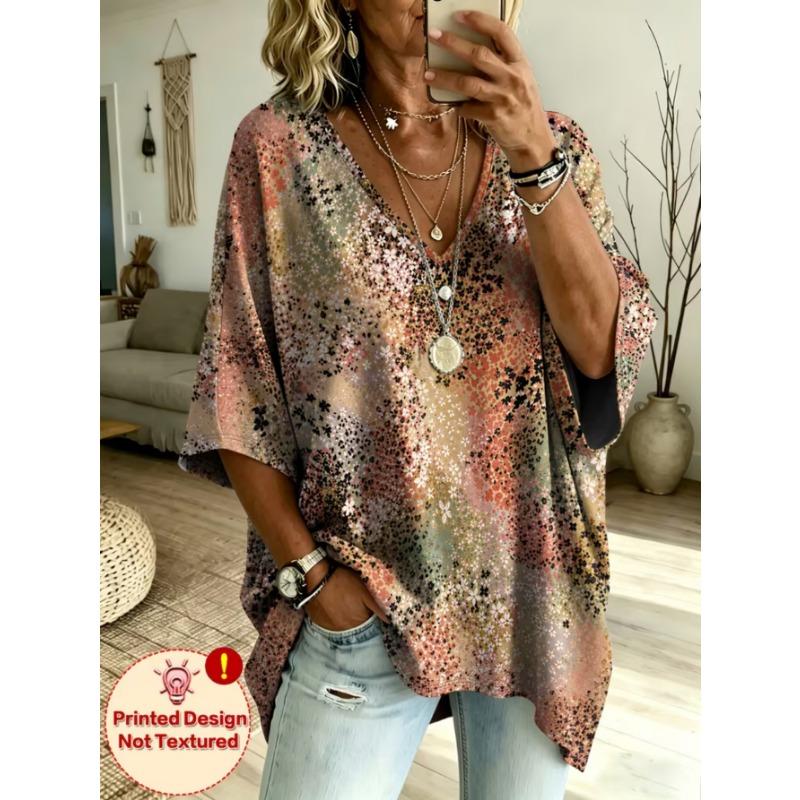 Women's large-size V-neck T-shirt, retro casual top, with printed design, fashionable and versatile ,machine washable.