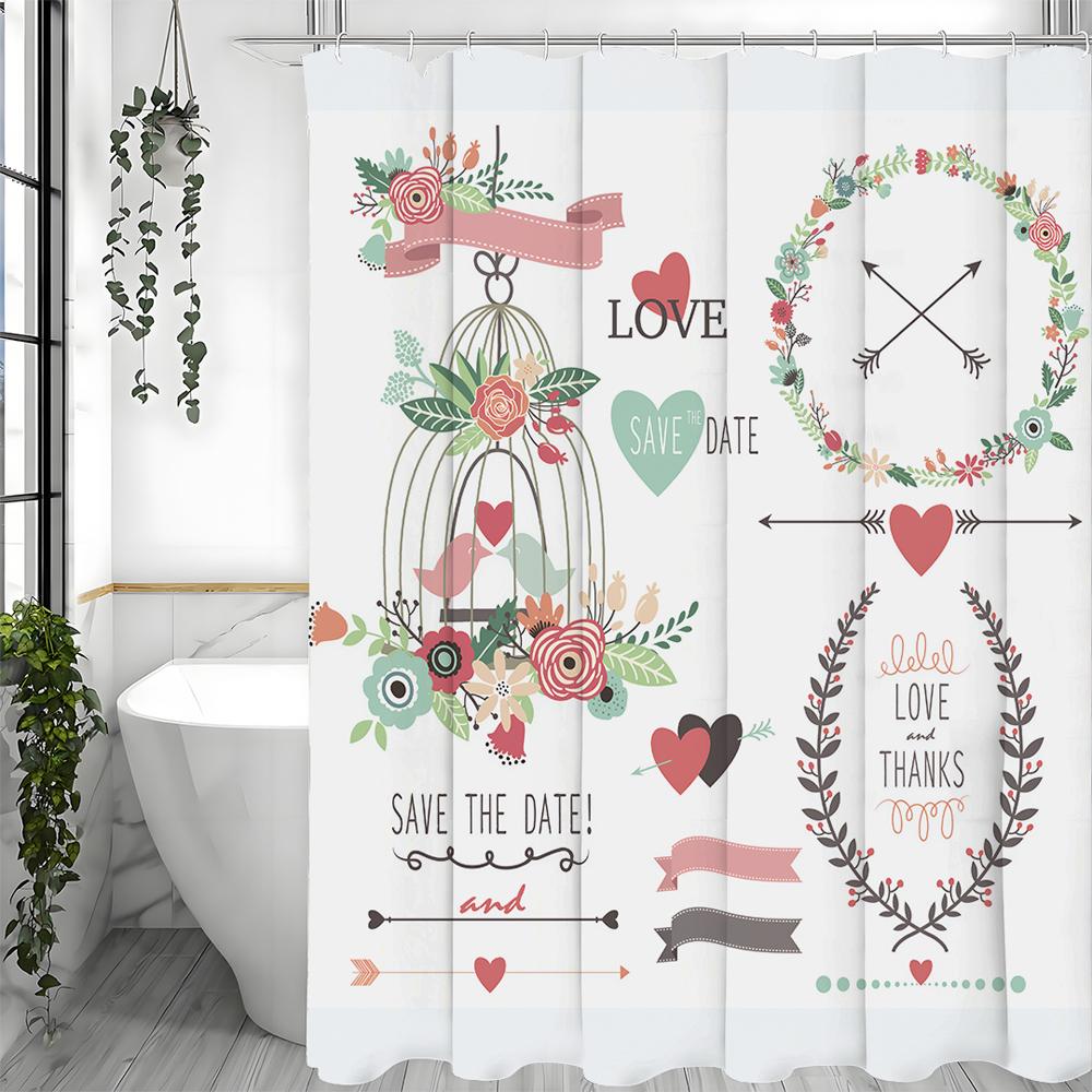 Birdcage Wreath Love Arrow Shower Curtain, Bathroom Decorative Shower Curtain, Waterproof Shower Curtain with Hooks