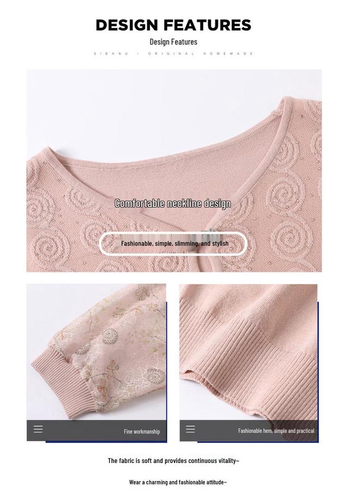 Spring Gauze Sleeve Knit Top for Middle-Aged Women