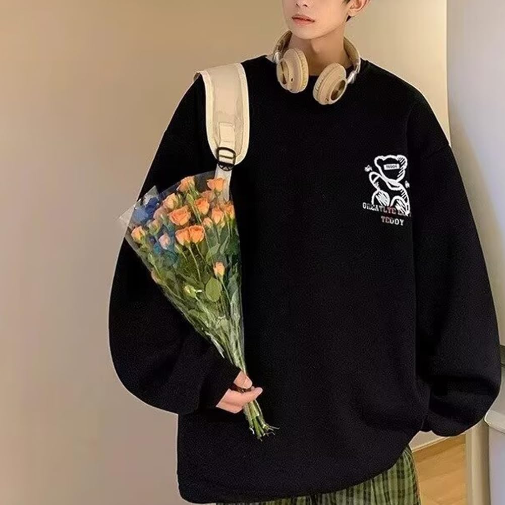 JIASEN Long Round Bear Print On Front and Soft To the Loose Men's Sweatshirt/Hoodie T-Shirt, Fall/Winter/Spring, Sleeve, Collar, Back, Casual,