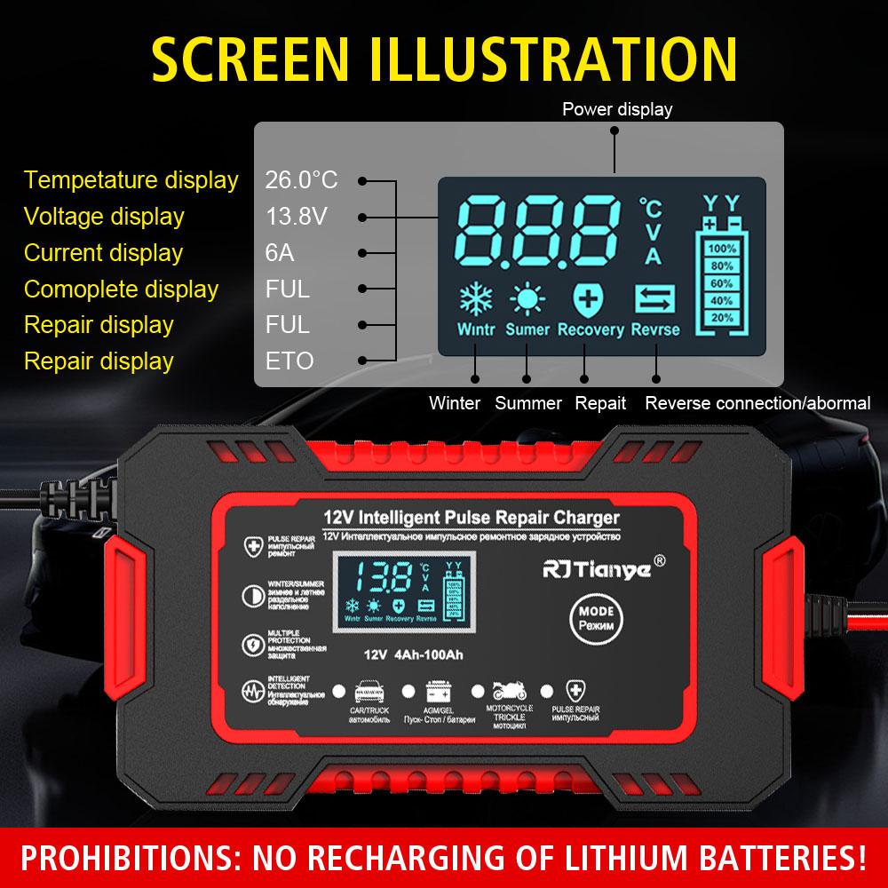 Car Battery Chargers 6A 12V 80W Digital Intelligent Pulse Repair Storage Cell Lead Acid Batteries Chargers For Boat Motorcycle
