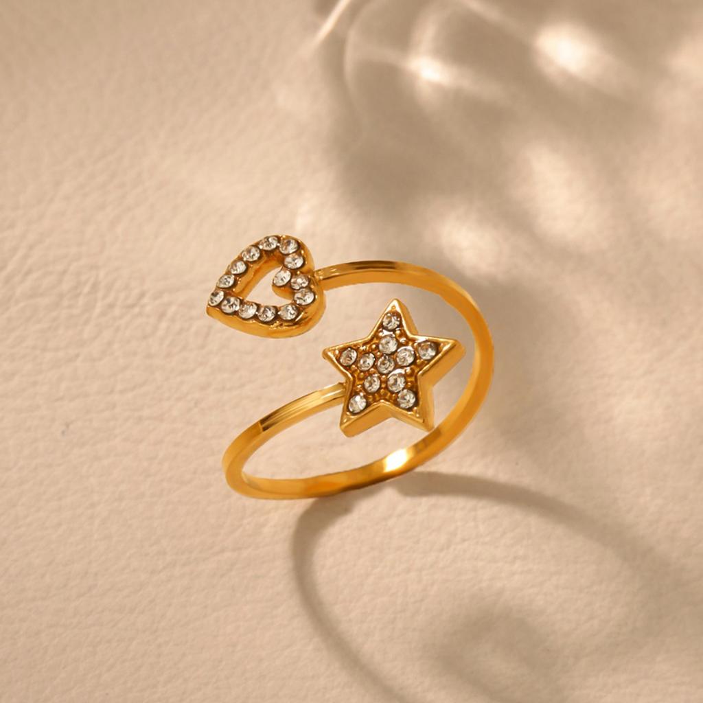 Zircon Star Heart Open Rings For Women Stainless Steel Gold Color Opening Adjustable Ring Wedding Engagement Christmas Jewelry