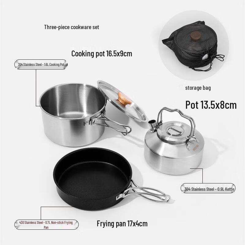 CENLOON Outdoor Camping 304 Stainless Steel 3-Piece Cookware Set