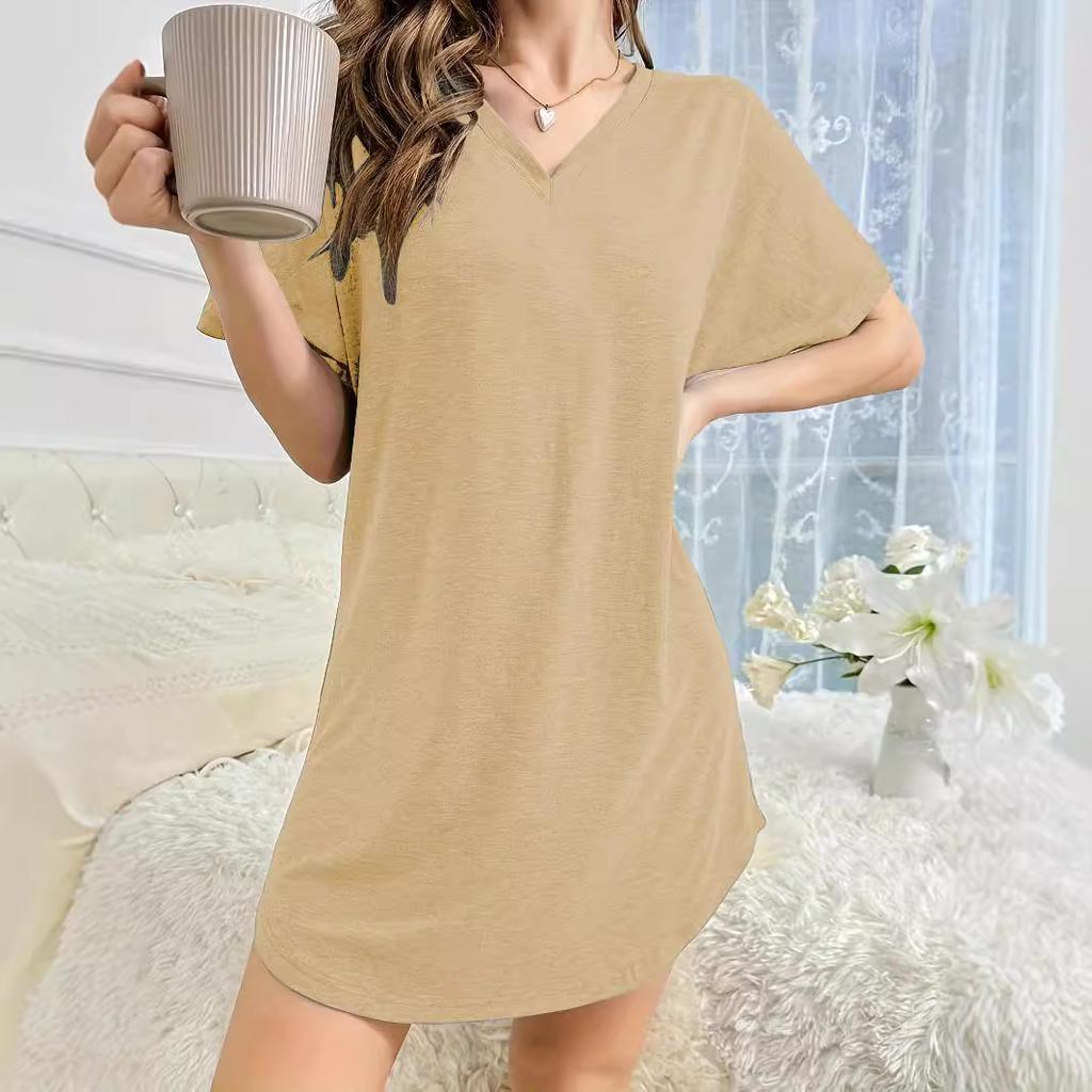 Women's pajamas dress Khaki short-sleeved V-neck casual dress