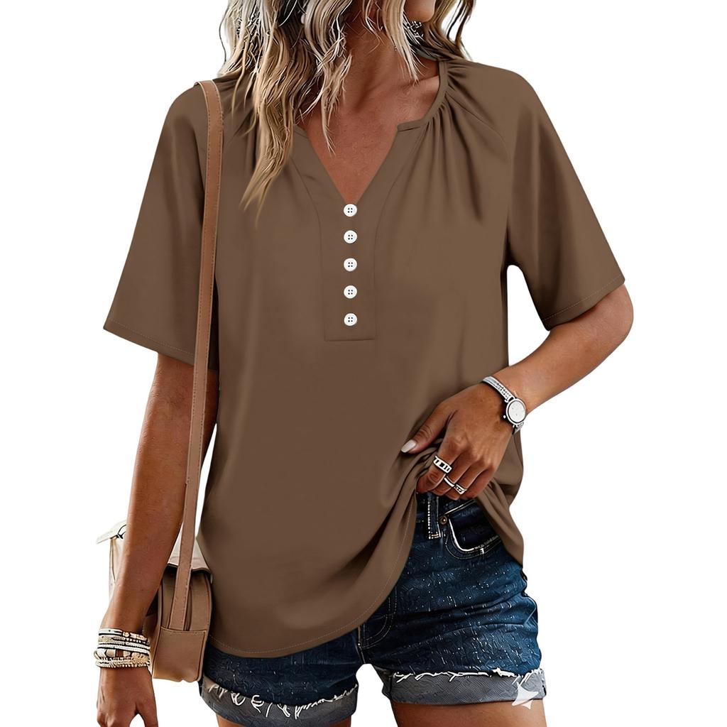 Women's Fashionable Casual Button V-neck Short-sleeved Top