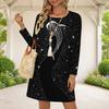 Women Plus Size Round Neck Long Sleeve A Line Flared Hem Black Printed Dress