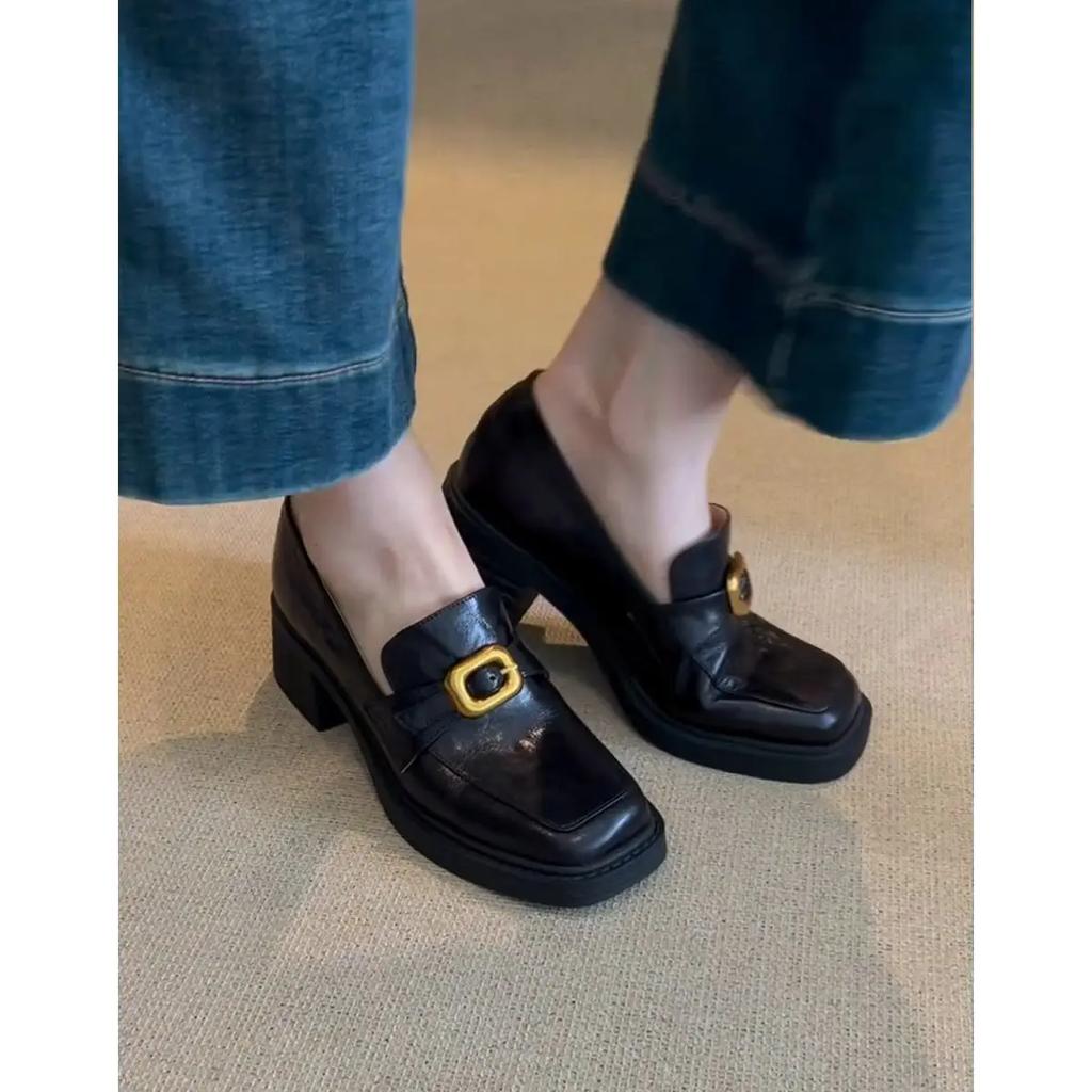 Fashion French Retro High-heeled Loafers for Women Simple Thick Heel Metal Buckle Shallow Mouth Single Shoe Heels Women Zaptos Mujer