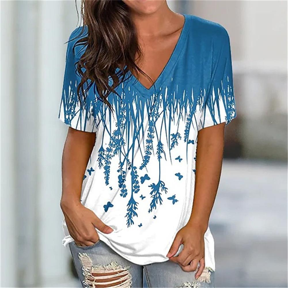 

Летняя простая женская футболка с коротким рукавом и 3D-принтом цветов, красивая футболка с V-образным вырезом и коротким рукавом, модная женская уличная одежда 5XL