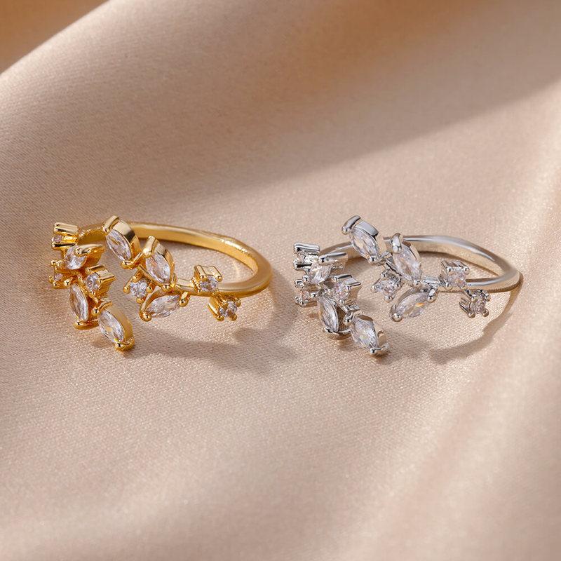 Zircon Leaves Open Rings For Women Gold Color Stainless Steel Leaf Ring Wedding Aesthetic Jewerly Gift
