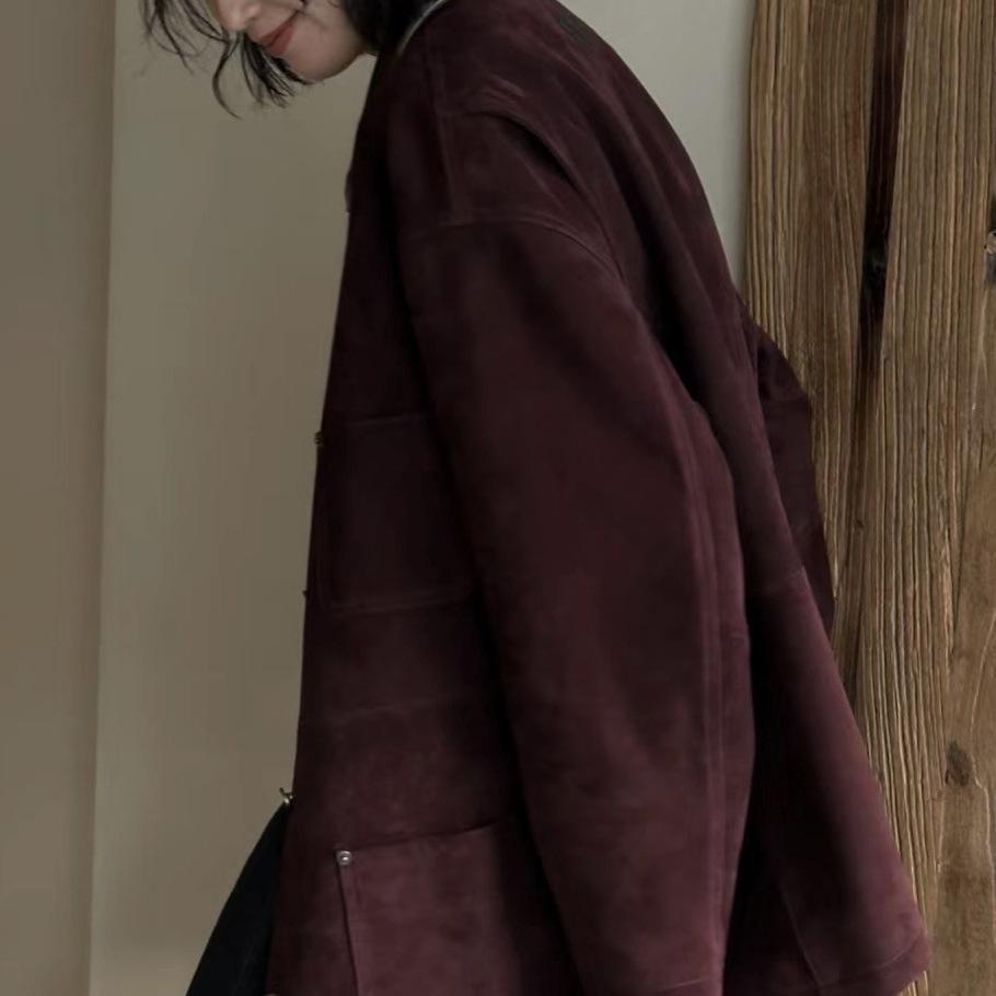 2024 Women's Retro Suede Velvet Lapel Jacket - Wine Red