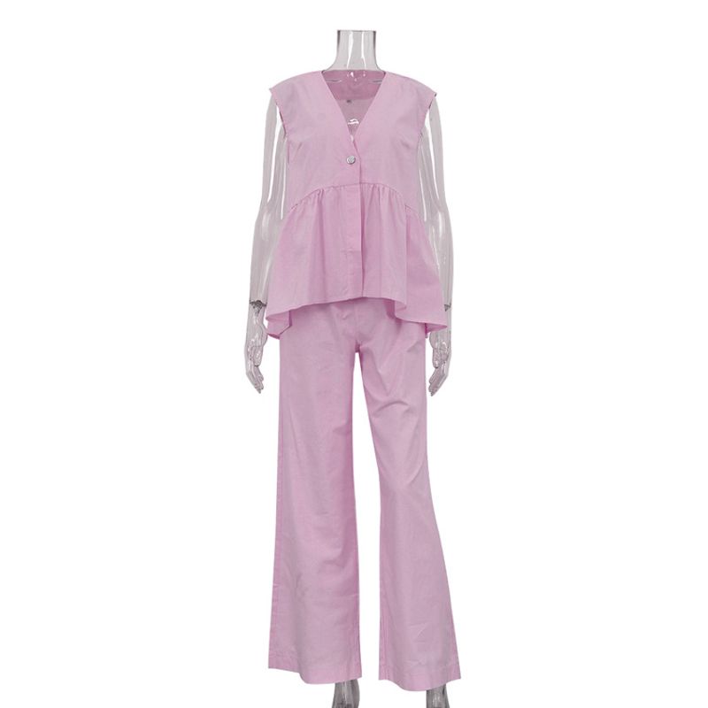 

Solid Color V-neck Sleeveless Pants Set Solid Color and V-neck Sleeveless Pants Suit Women Pink L