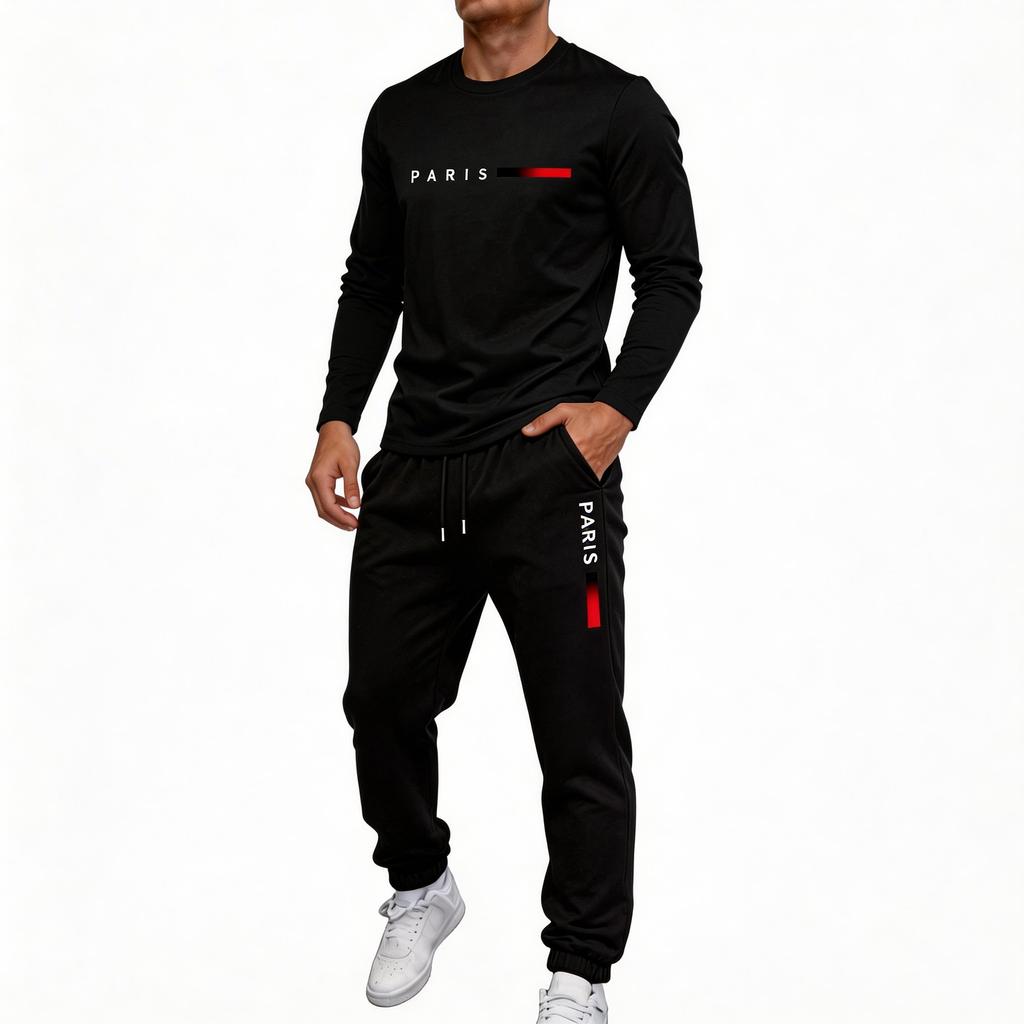 Men's Outdoor Sports Two Piece Set Breathable Long Sleeve Shirt and Elastic Waist Jogger Pants Casual Athletic Wear for Daily Activities