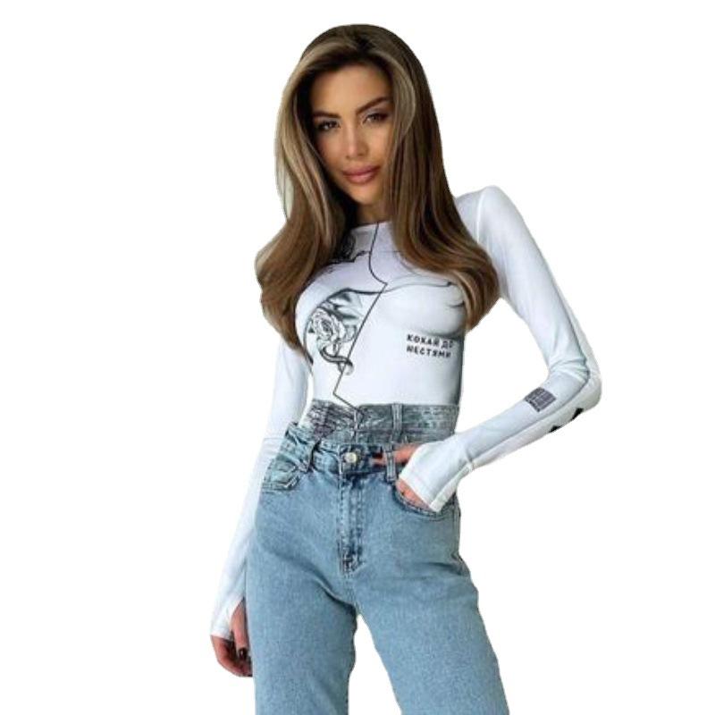 Women European American Style Printed Crew Neck Long Sleeve Slim Fit Casual Bodysuit