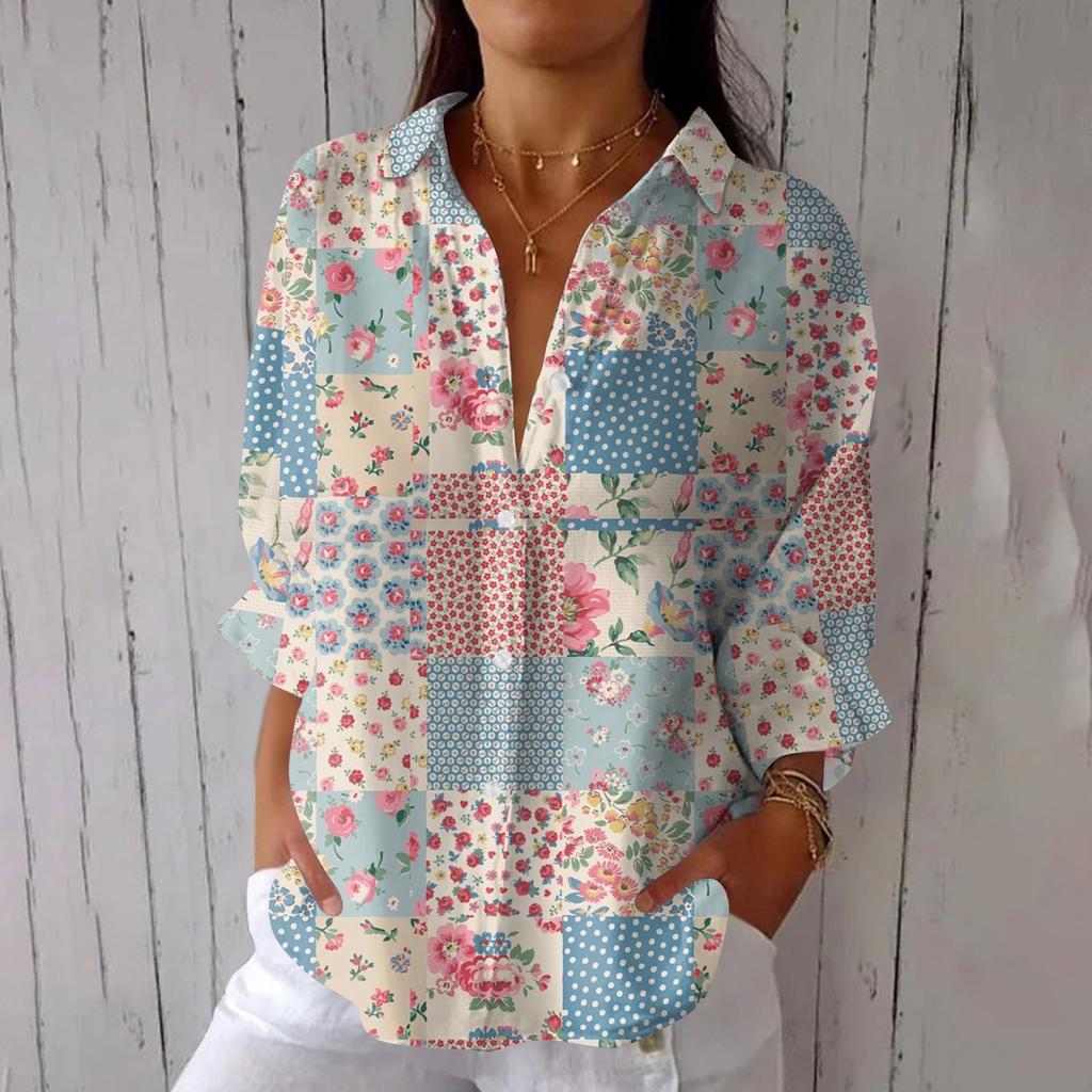 Women's Fashion 3/4 Sleeve Casual Lapel Back Tie- Floral Print T-Shirt Top