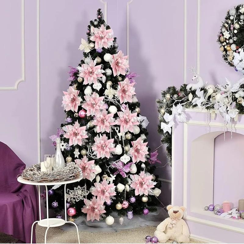 10PCS Poinsettia Christmas Flowers Decoration Artificial Glitter Christmas Tree Ornaments Xmas Party Wreath DIY Garland Decor