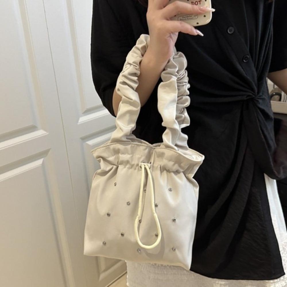 Versatile Nylon Shoulder Bag Sweet Drawstring Handbag Stylish Pleated Tote Bag Female