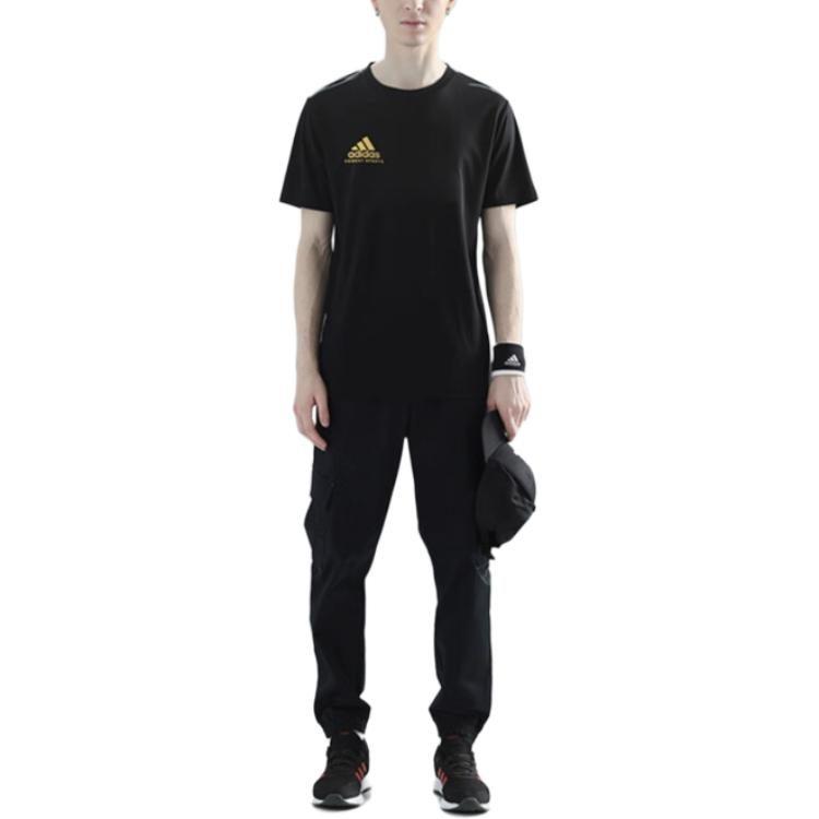adidas T Shirts Men's Black Base Gold Logo Crew Neck Moderate adiCSTS06P-BG