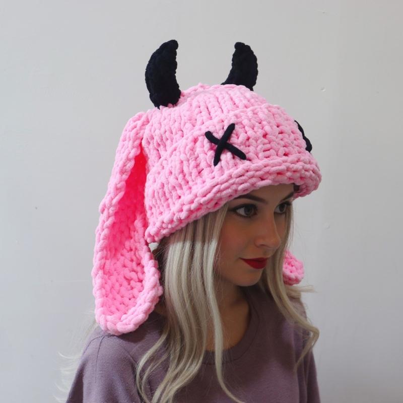 Funny Devil Horns And Rabbit Ears Soft Hat For Christmas Halloween Cosplay Costume Party