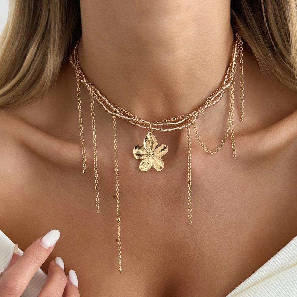 Temperament Creative Gold Color Multi Strand Beaded Flowe Tassel Pendant Necklace for Women Fashion Ins Style Party Jewelry Gift