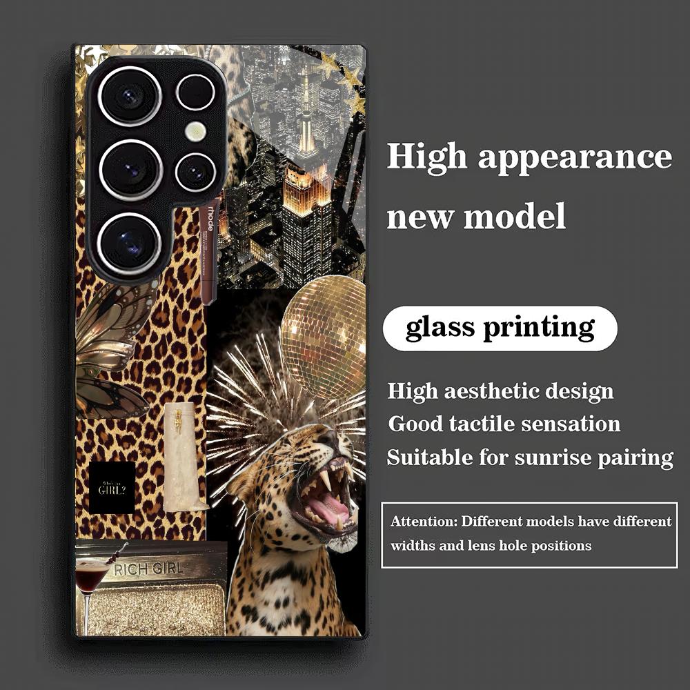Leopard Print Design Tempered Glass Phone Case Suitable for Samsung Galaxy S26 S25 S24 S23 S22 S21 S20 FE/Ultra/Plus Anti Drop