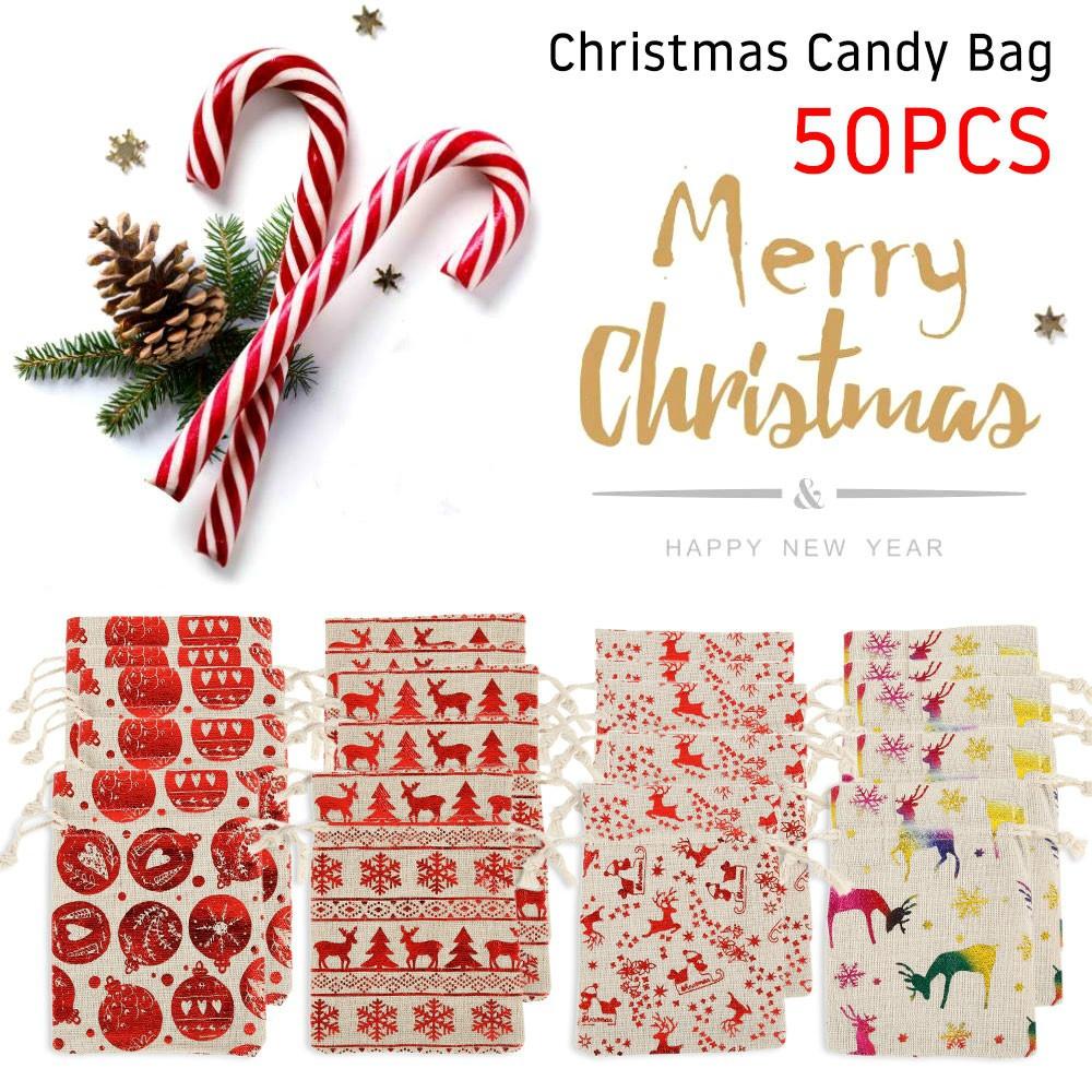 50PCS Christmas Gift Bags Drawstring Reusable Candy Bag Cotton Linen Bag Santa Sacks