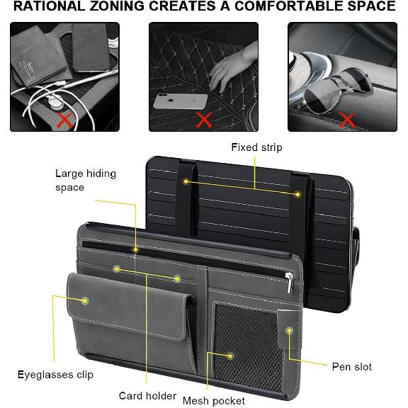 Car Sun Visor Organizer, Leather Sun Visor Pocket Organizer Case With Multi-Pocket Net Zipper, Suede Note Holder Car Visor Storage Pouch For Card Pen