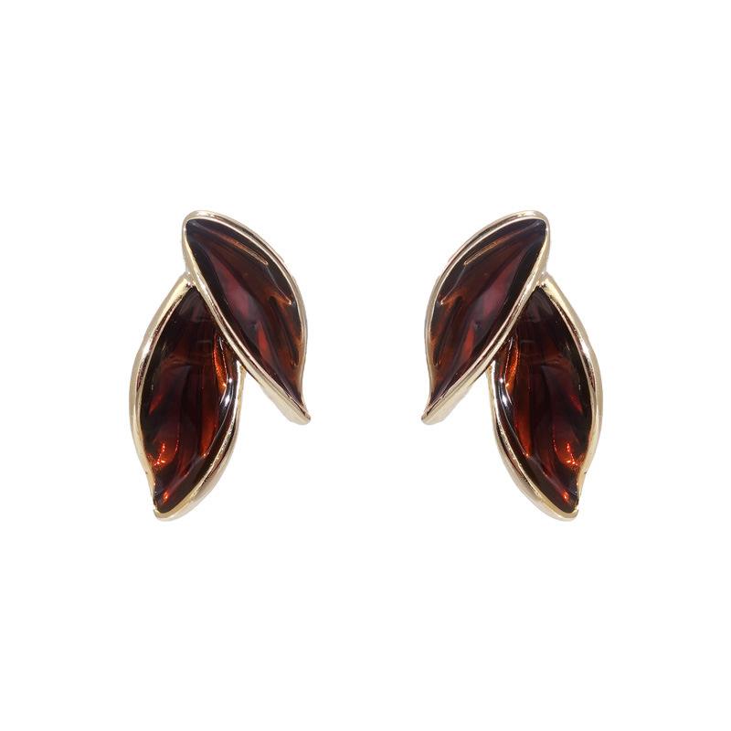 Autumn And Winter Leaf Stud Earrings Maillard Coffee Color New Year Earrings Fashionable Foreign Niche Design Advanced Drip Glaze Earrings