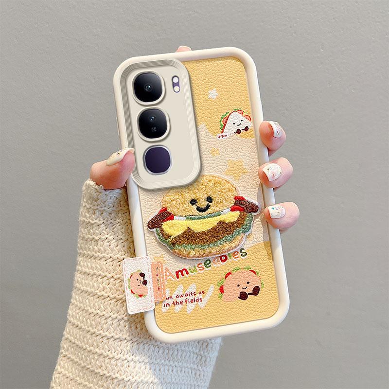 KEYSION Cartoon Cute Plush Embroidery Case for VIVO V40 Lite with Lanyard PU Leather Shockproof Phone Cover for VIVO Y200 5G Y19S