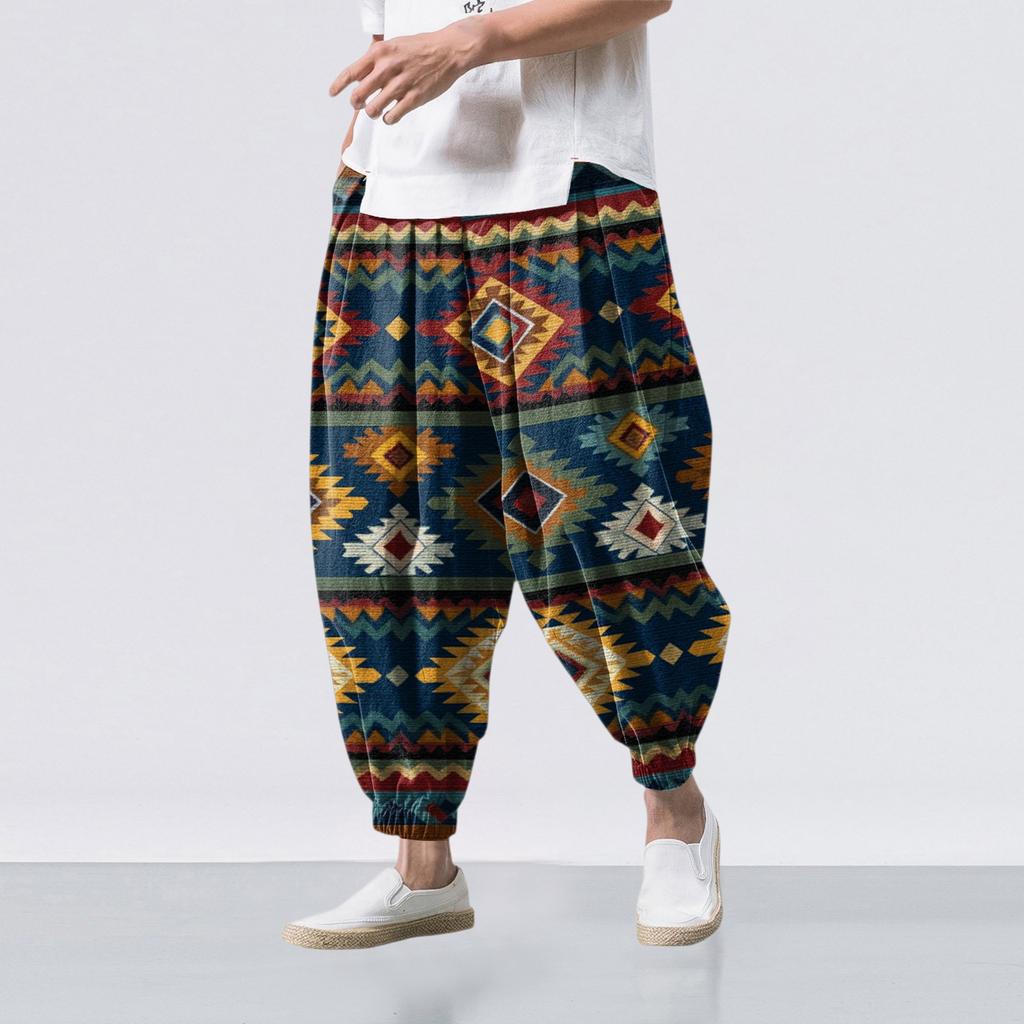Ethnic Style Print - Casual Wide-leg Pants, Men's Loose Casual Pants