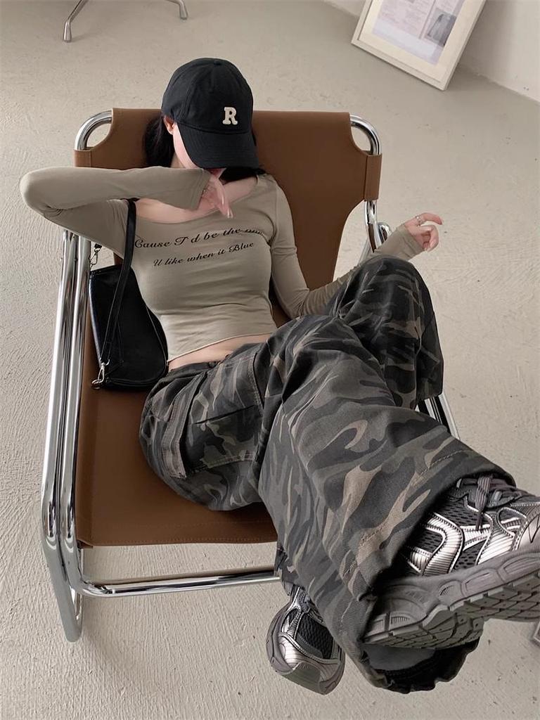 Ancola Röd Vintage Camo Dragskos Arbetsbyxor – Unisex Raka Casual Byxor