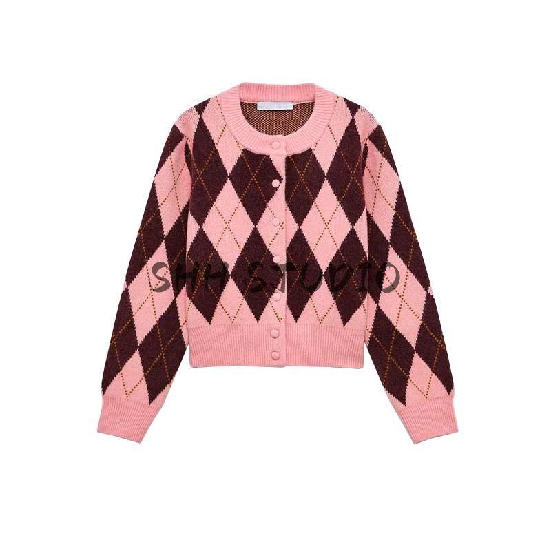 Spring New Women's Clothing Preppy Style Diamond Jacquard round Neck Long Sleeves Casual Knitting Outwear 5755011
